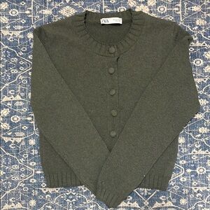 Zara Olive Cardigan Sweater with Round Neckline
